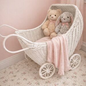 Vintage White Wicker Baby Doll Carriage Stroller Buggy Circa 1950s Mid-Century
